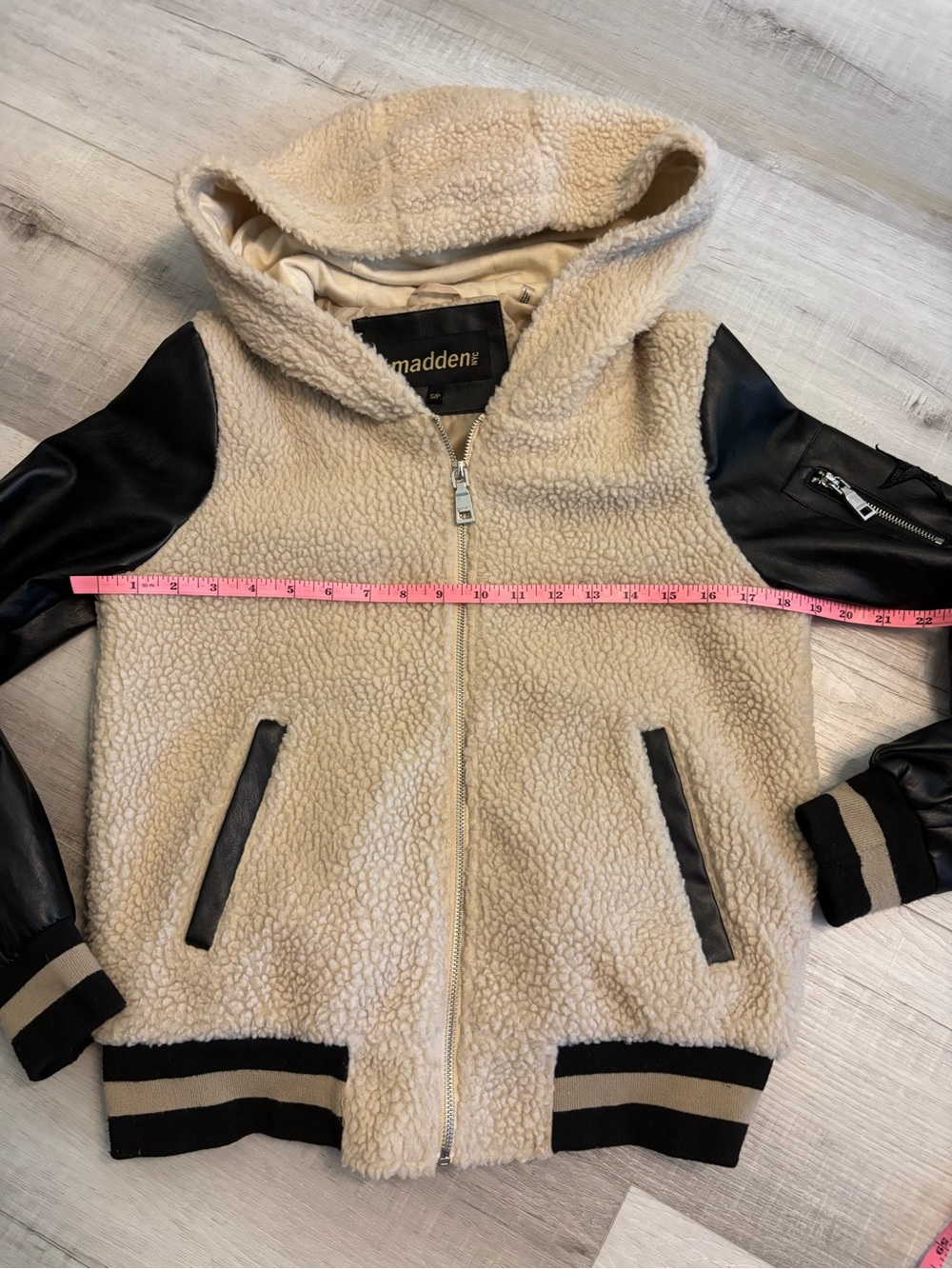 Steve Madden Sherpa Faux Leather Sleeve Hooded Jacket Small - Picture 8 of 11